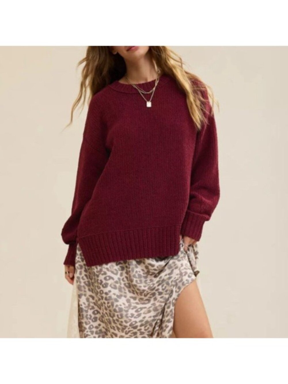 Aerie Like Candy Crew Sweater Chenille Oversized Deep Cherry Women’s L